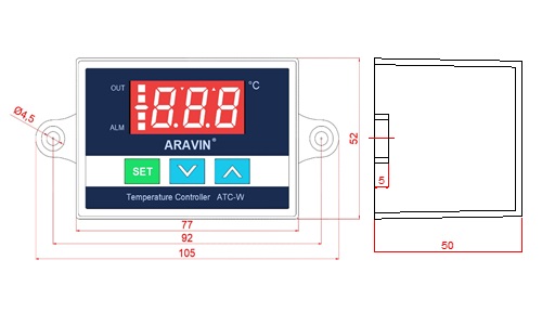 Mặt trước và kích thước bộ điều khiển nhiệt độ ATC-W2002C chính hãng TTH Automation