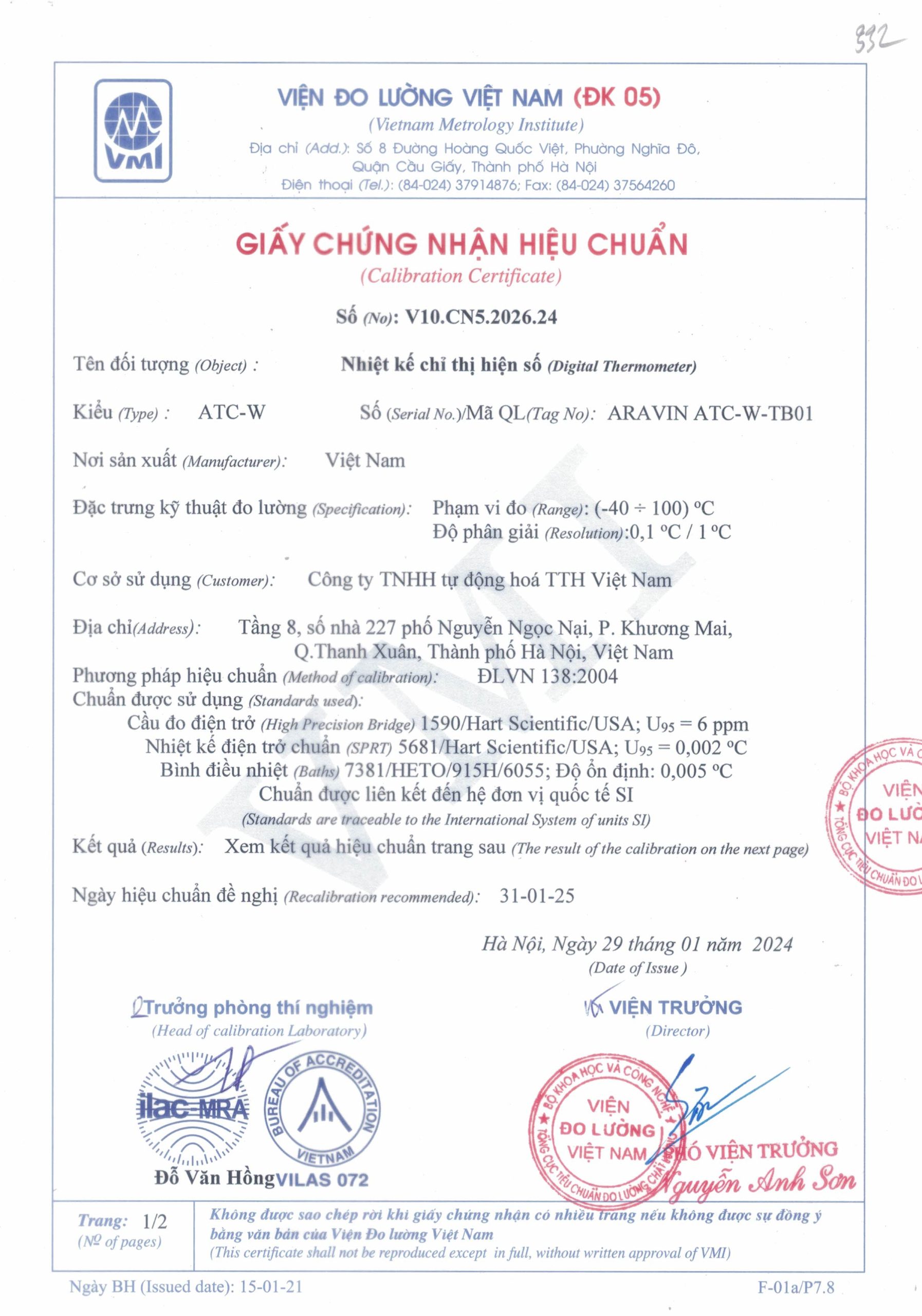 Giấy chứng nhận hiệu chuẩn ATC-W2002C – Viện Đo lường Việt Nam Giấy chứng nhận hiệu chuẩn ATC-W2002C – Viện Đo lường Việt Nam